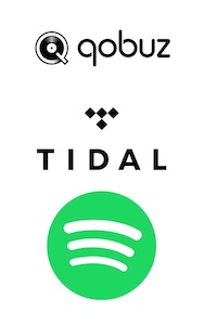 Qobuz, Tidal, and Spotify logos